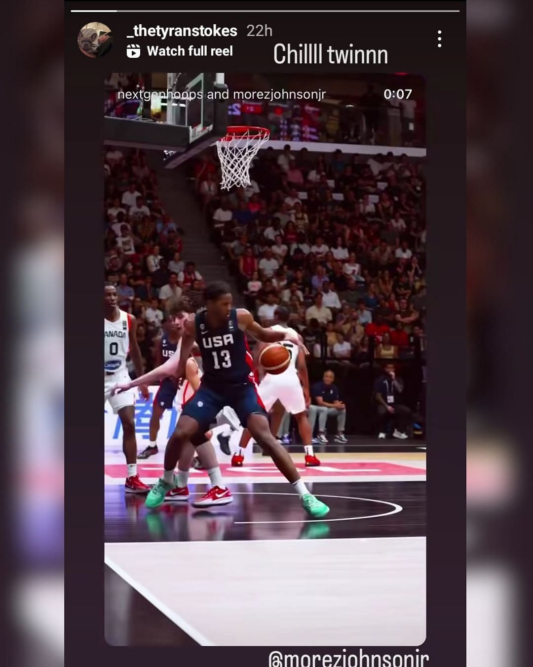 Tyran Stokes drops 2-word reaction to Morez Johnson Jr's smooth slam at FIBA U19 World Cup. (Image via Instagra @_the tyranstokes)